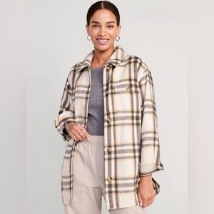 Old Navy Shacket‎ Cream Gray Plaid Utility Thick Heavy Jacket Unisex Size Large